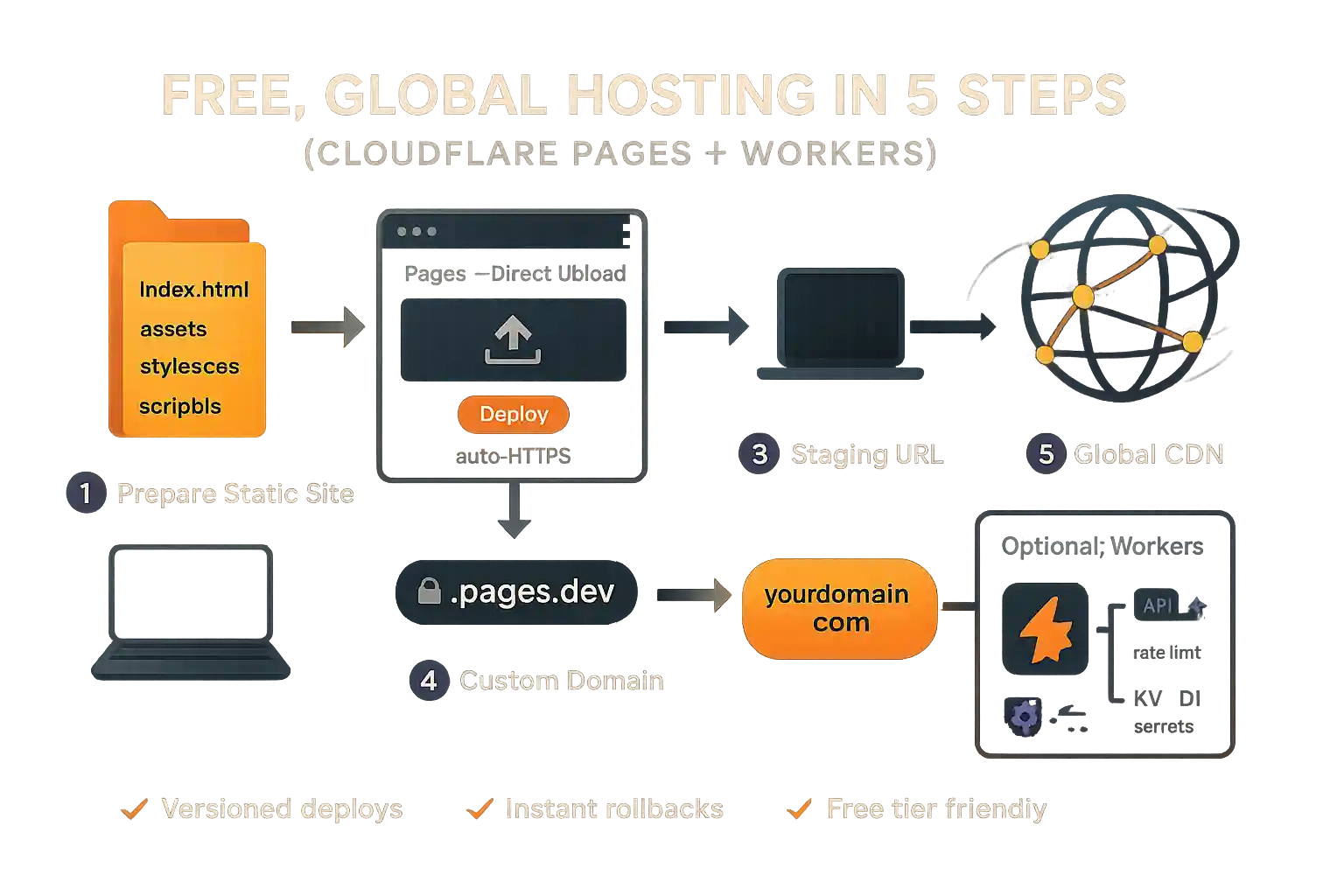 Diagram: Cloudflare Pages for static hosting and Workers for serverless logic