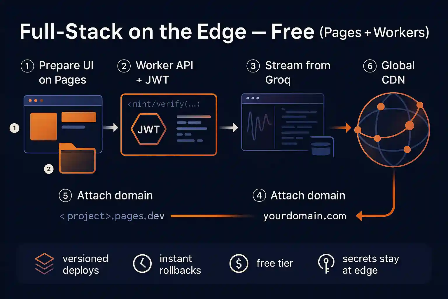 Graphical abstract: Pages for UI, Workers for API, Groq streaming, and a global CDN edge